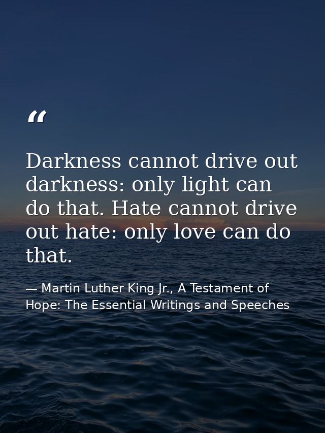 Darkness cannot drive out darkness: only light can do that. Hate cannot drive out hate: only love can do that. — Martin Luther King Jr., A Testament of Hope: The Essential Writings and Speeches