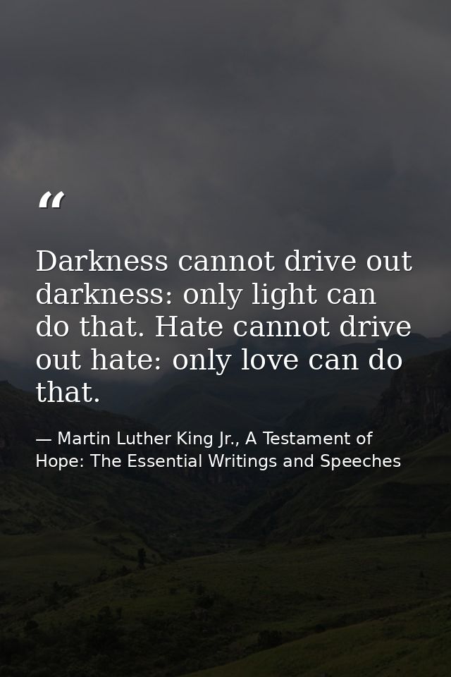 Darkness cannot drive out darkness: only light can do that. Hate cannot drive out hate: only love can do that. — Martin Luther King Jr., A Testament of Hope: The Essential Writings and Speeches