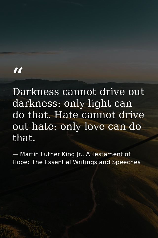 Darkness cannot drive out darkness: only light can do that. Hate cannot drive out hate: only love can do that. — Martin Luther King Jr., A Testament of Hope: The Essential Writings and Speeches