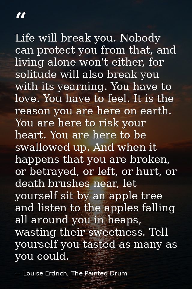 Life will break you. Nobody can protect you from that, and living alone won't either, for solitude will also break you w — Louise Erdrich, The Painted Drum