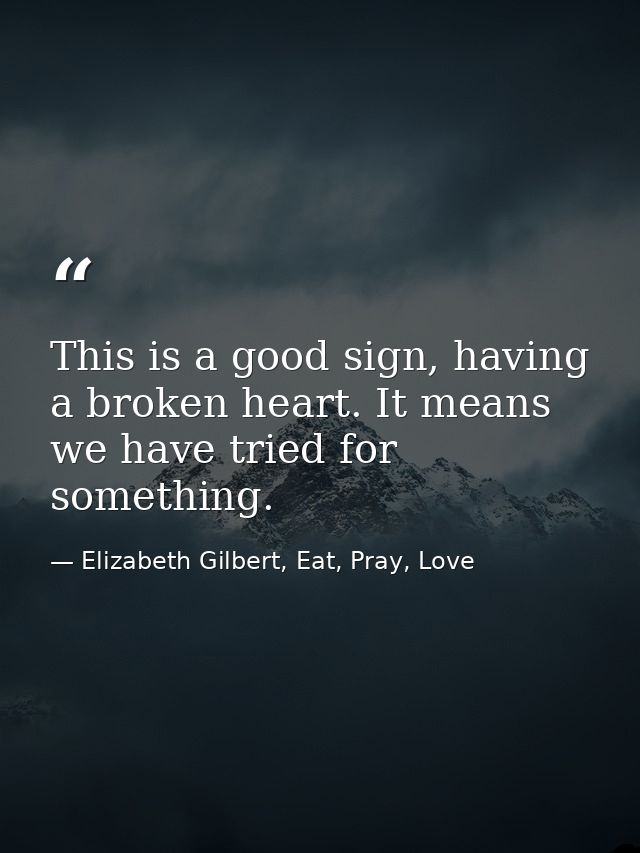 This is a good sign, having a broken heart. It means we have tried for something. — Elizabeth Gilbert, Eat, Pray, Love