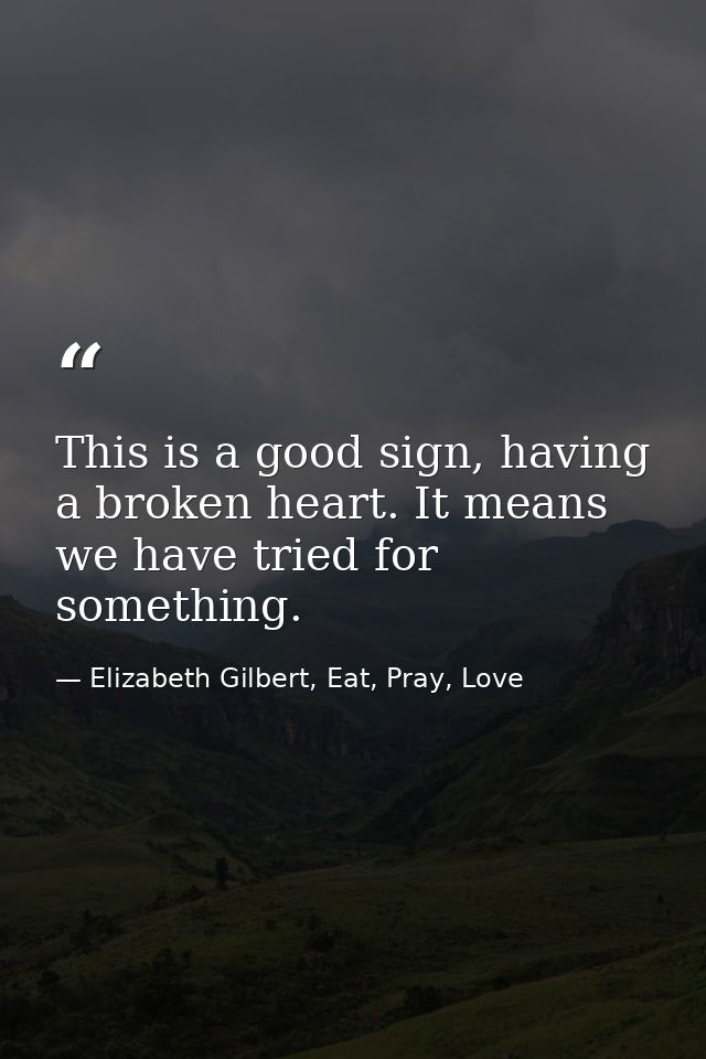 This is a good sign, having a broken heart. It means we have tried for something. — Elizabeth Gilbert, Eat, Pray, Love