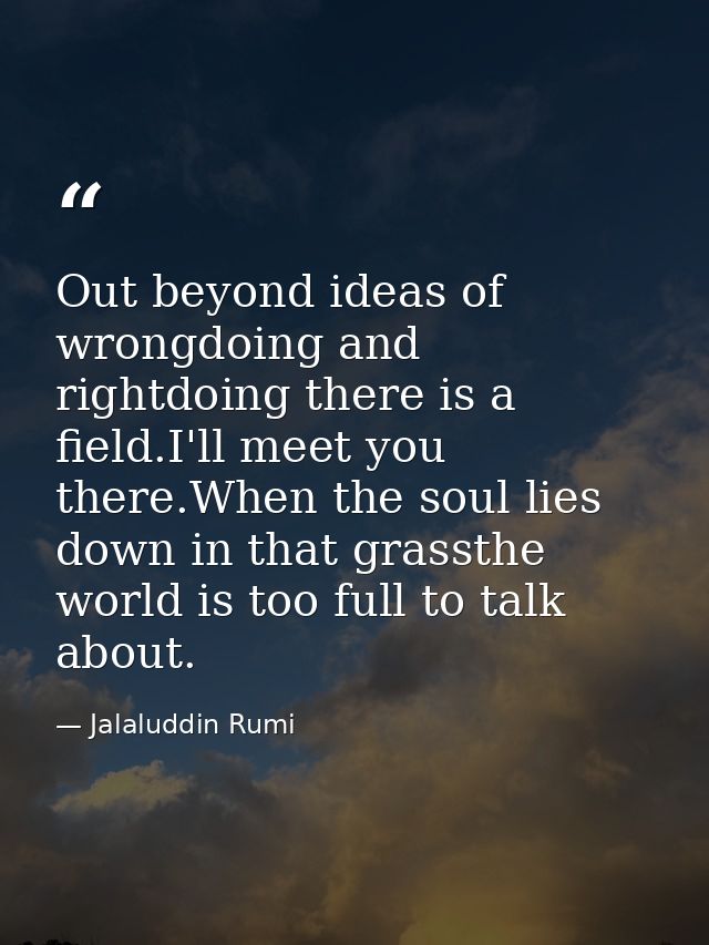 Out beyond ideas of wrongdoing and rightdoing there is a field.I'll meet you there.When the soul lies down in that grass — Jalaluddin Rumi