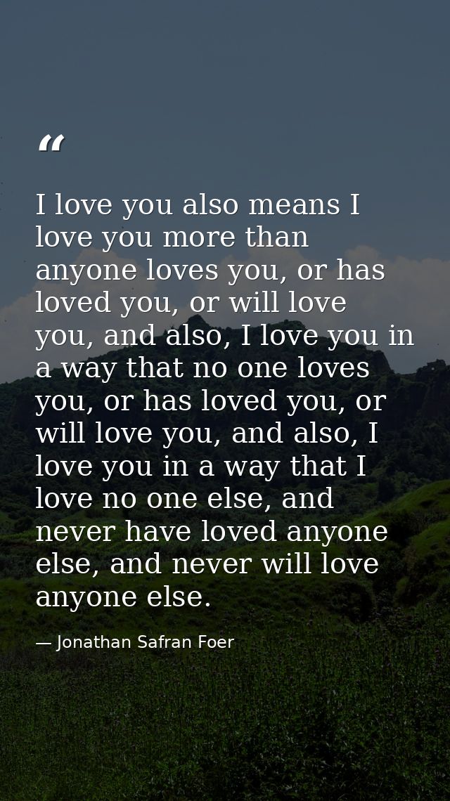 I love you also means I love you more than anyone loves you, or has loved you, or will love you, and also, I love you in — Jonathan Safran Foer