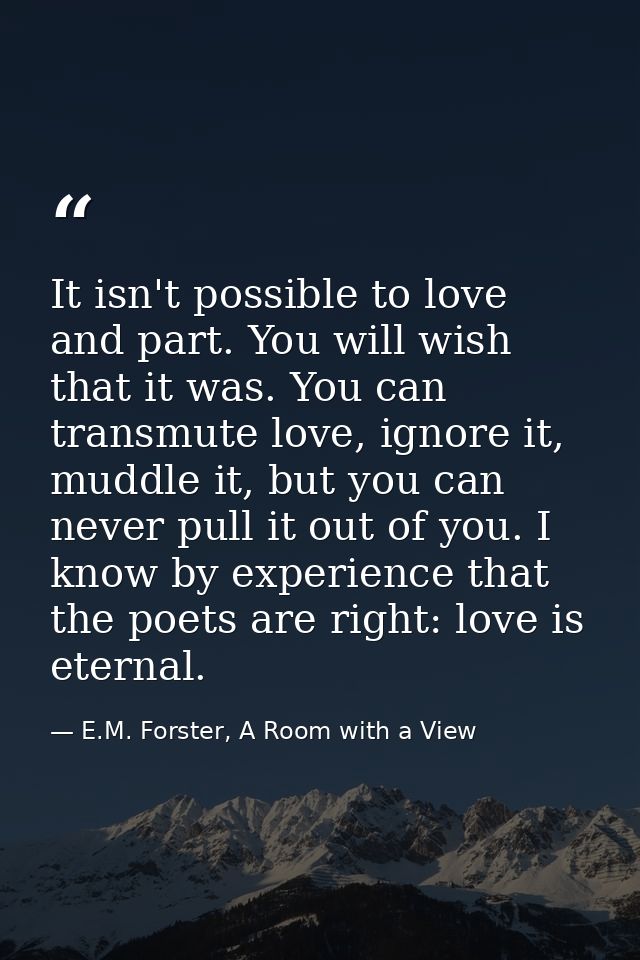 It isn't possible to love and part. You will wish that it was. You can transmute love, ignore it, muddle it, but you can — E.M. Forster, A Room with a View