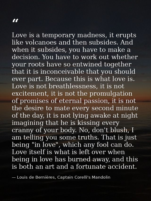 Love is a temporary madness, it erupts like volcanoes and then subsides. And when it subsides, you have to make a decisi — Louis de Bernières, Captain Corelli's Mandolin