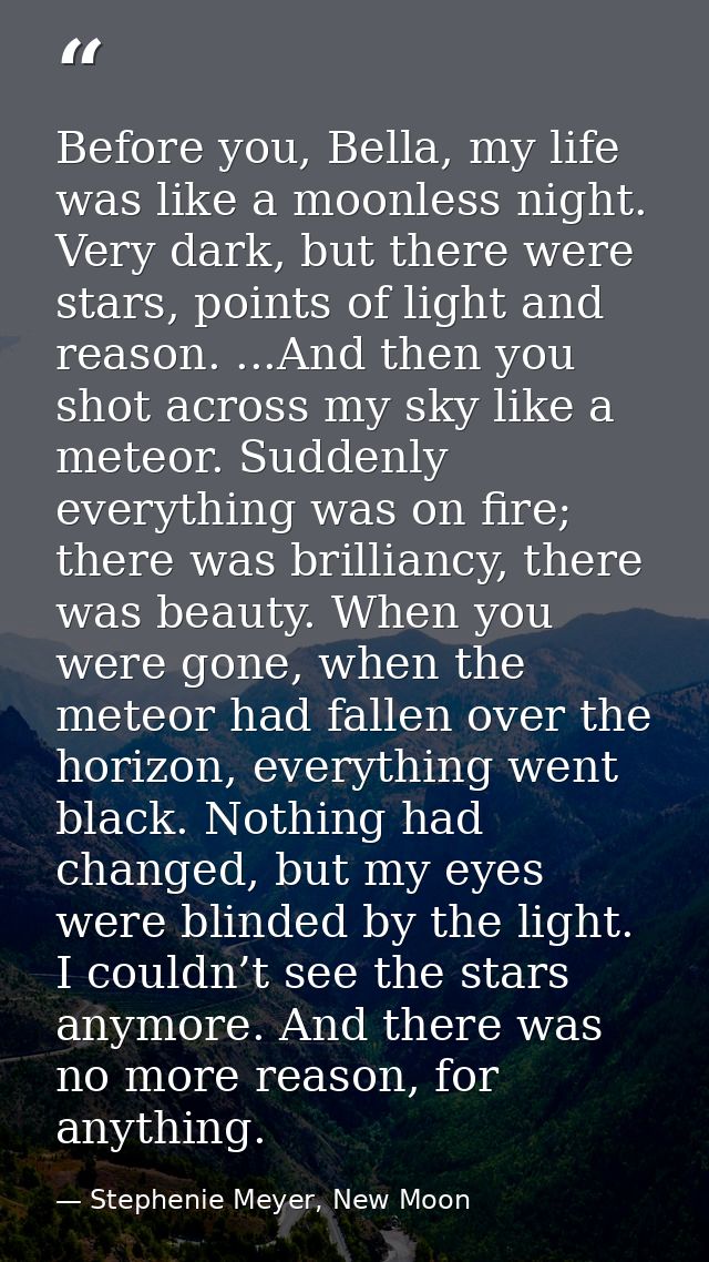 Before you, Bella, my life was like a moonless night. Very dark, but there were stars, points of light and reason. ...An — Stephenie Meyer, New Moon