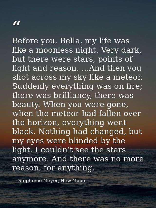 Before you, Bella, my life was like a moonless night. Very dark, but there were stars, points of light and reason. ...An — Stephenie Meyer, New Moon