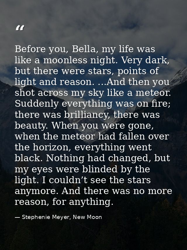 Before you, Bella, my life was like a moonless night. Very dark, but there were stars, points of light and reason. ...An — Stephenie Meyer, New Moon