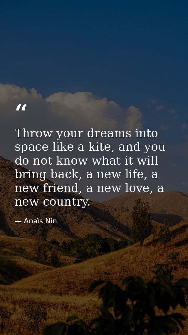 Throw your dreams into space like a kite, and you do not know what it will bring back, a new life, a new friend, a new l — Anaïs Nin