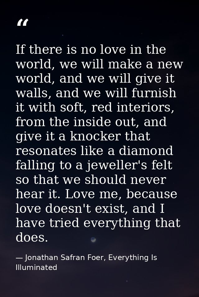 If there is no love in the world, we will make a new world, and we will give it walls, and we will furnish it with soft, — Jonathan Safran Foer, Everything Is Illuminated