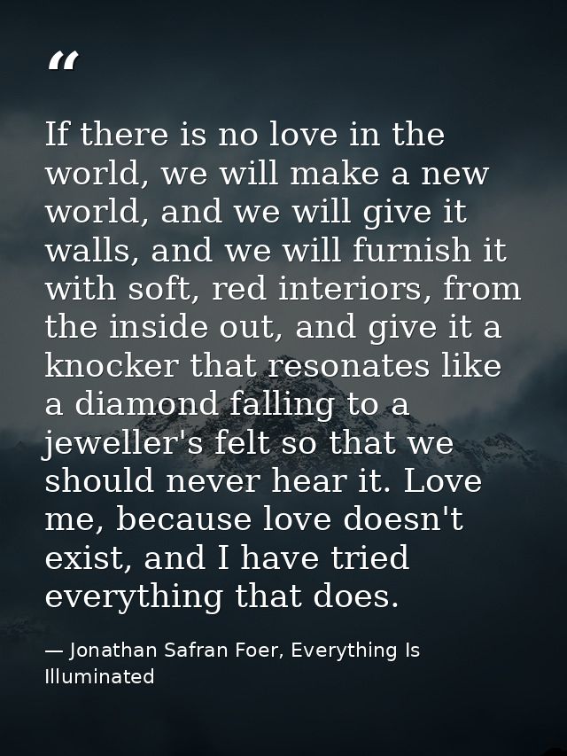 If there is no love in the world, we will make a new world, and we will give it walls, and we will furnish it with soft, — Jonathan Safran Foer, Everything Is Illuminated