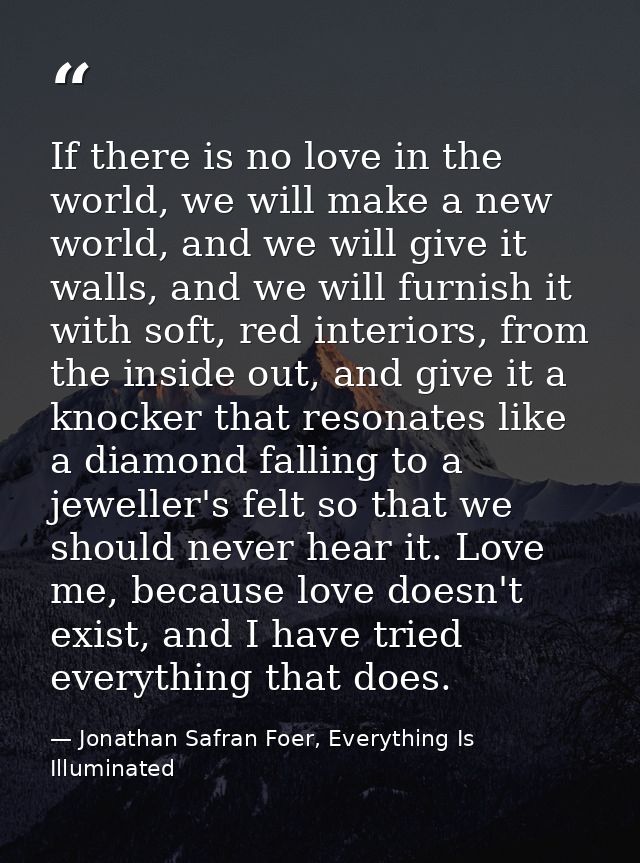 If there is no love in the world, we will make a new world, and we will give it walls, and we will furnish it with soft, — Jonathan Safran Foer, Everything Is Illuminated
