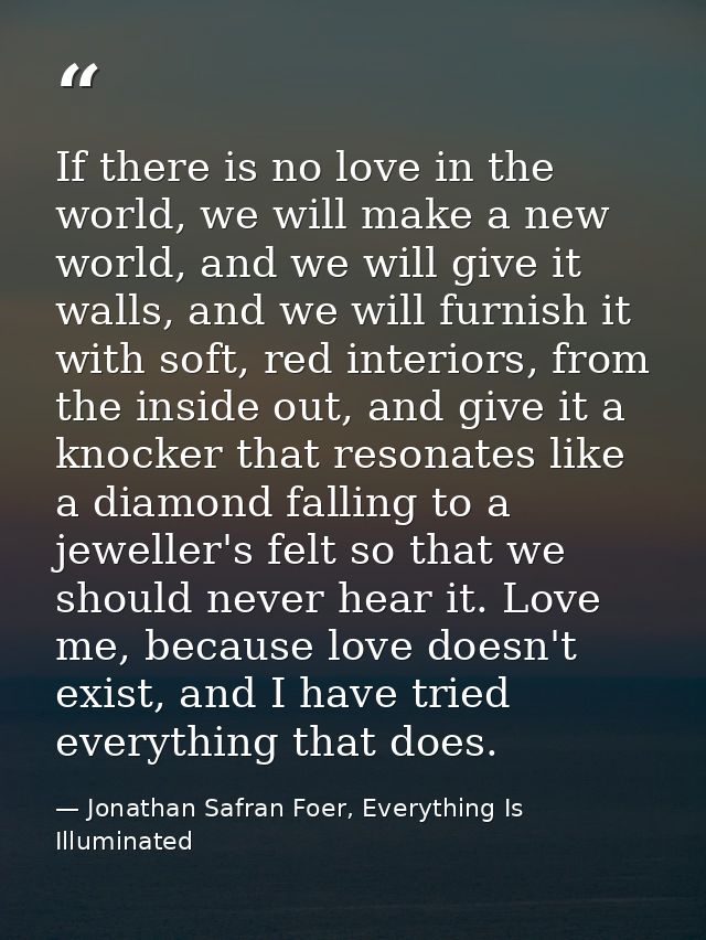 If there is no love in the world, we will make a new world, and we will give it walls, and we will furnish it with soft, — Jonathan Safran Foer, Everything Is Illuminated
