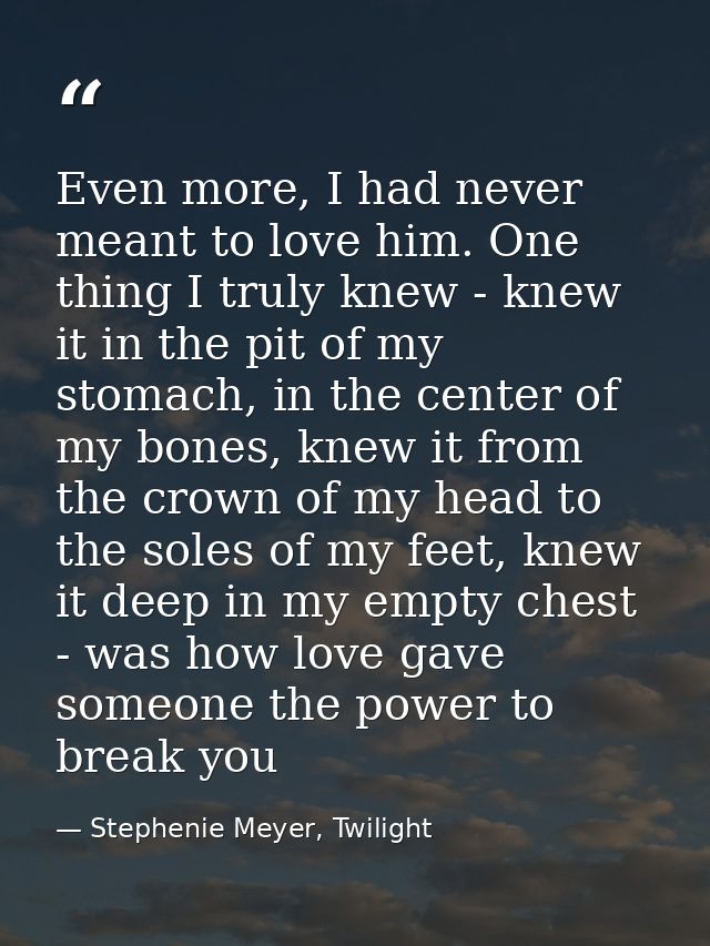 Even more, I had never meant to love him. One thing I truly knew - knew it in the pit of my stomach, in the center of my — Stephenie Meyer, Twilight