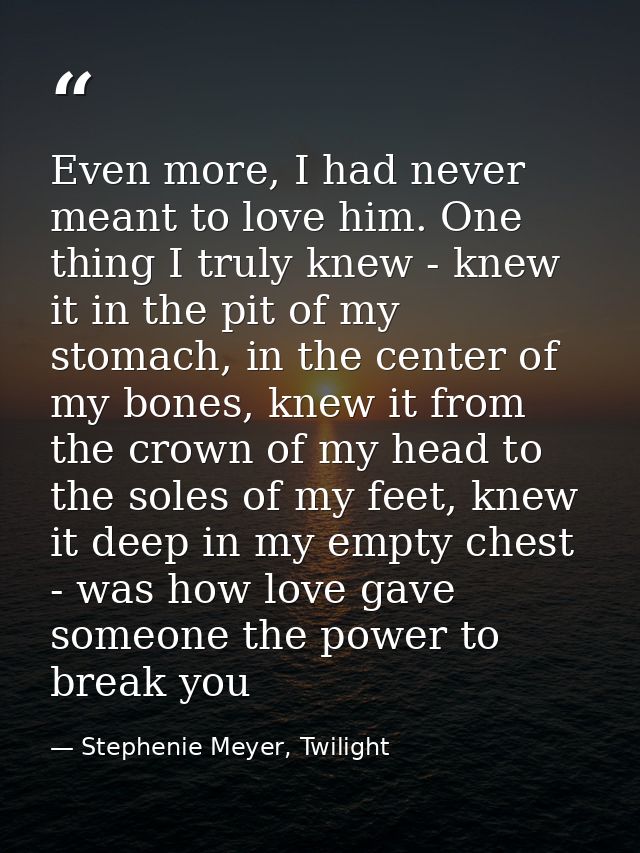 Even more, I had never meant to love him. One thing I truly knew - knew it in the pit of my stomach, in the center of my — Stephenie Meyer, Twilight
