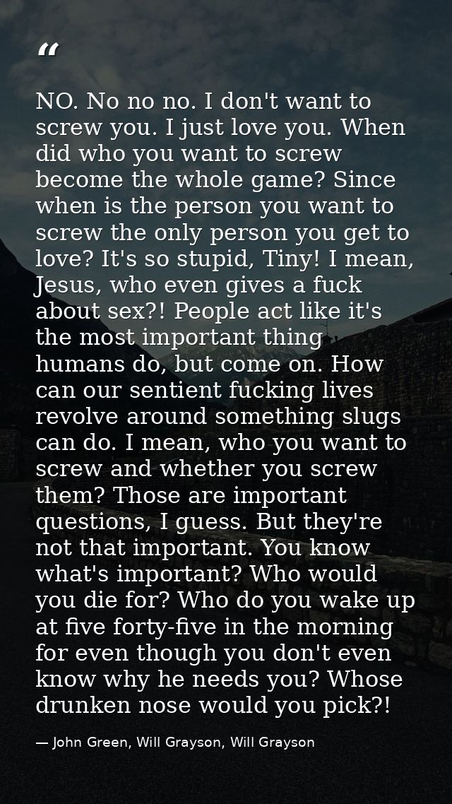 NO. No no no. I don't want to screw you. I just love you. When did who you want to screw become the whole game? Since wh — John Green, Will Grayson, Will Grayson