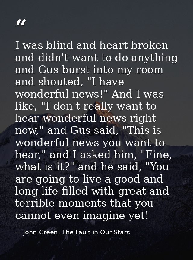 I was blind and heart broken and didn't want to do anything and Gus burst into my room and shouted, "I have wonderful ne — John Green, The Fault in Our Stars