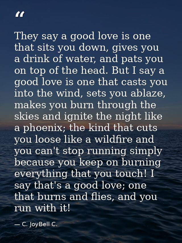 They say a good love is one that sits you down, gives you a drink of water, and pats you on top of the head. But I say a — C. JoyBell C.