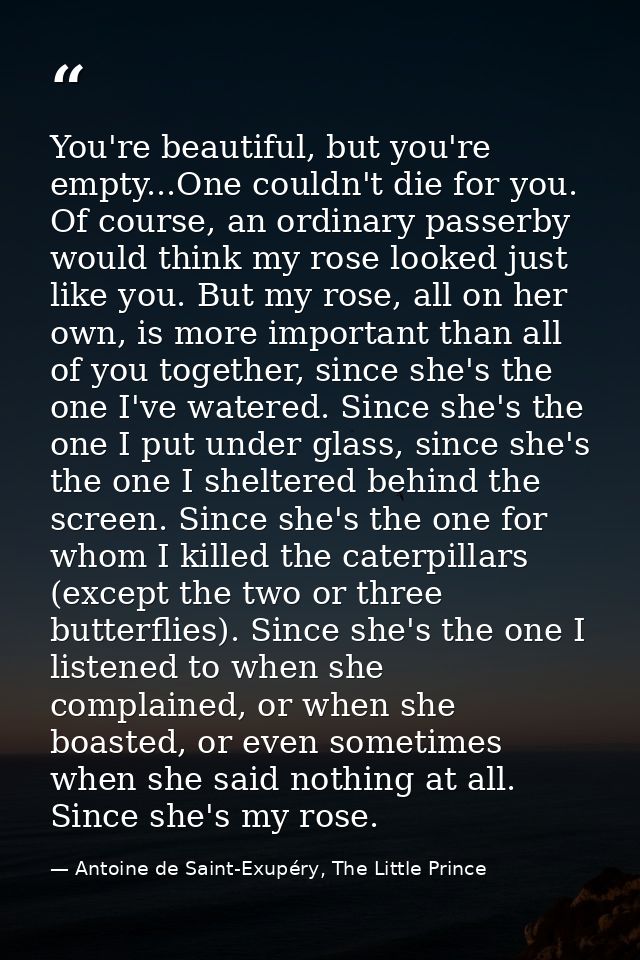 You're beautiful, but you're empty...One couldn't die for you. Of course, an ordinary passerby would think my rose looke — Antoine de Saint-Exupéry, The Little Prince