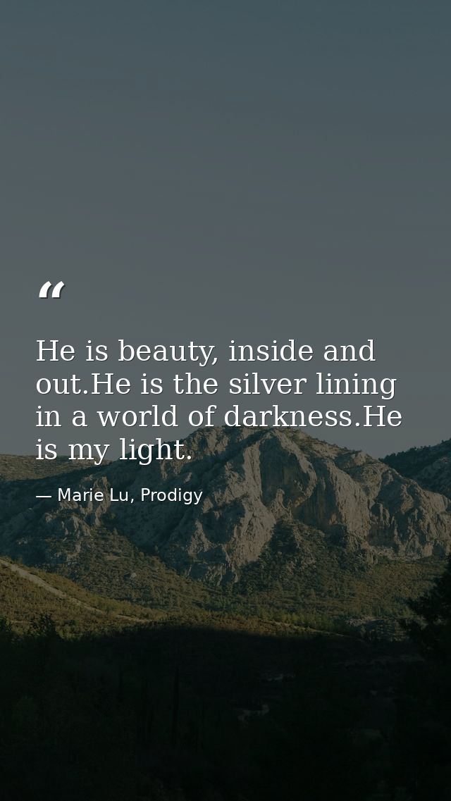 He is beauty, inside and out.He is the silver lining in a world of darkness.He is my light. — Marie Lu, Prodigy