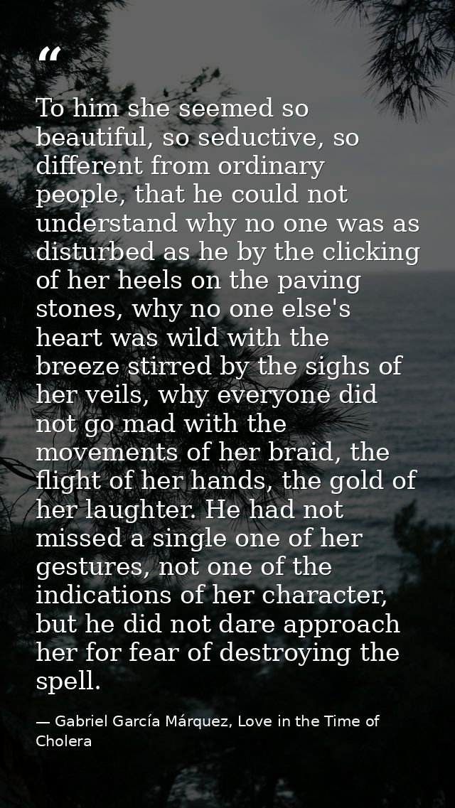 To him she seemed so beautiful, so seductive, so different from ordinary people, that he could not understand why no one — Gabriel García Márquez, Love in the Time of Cholera