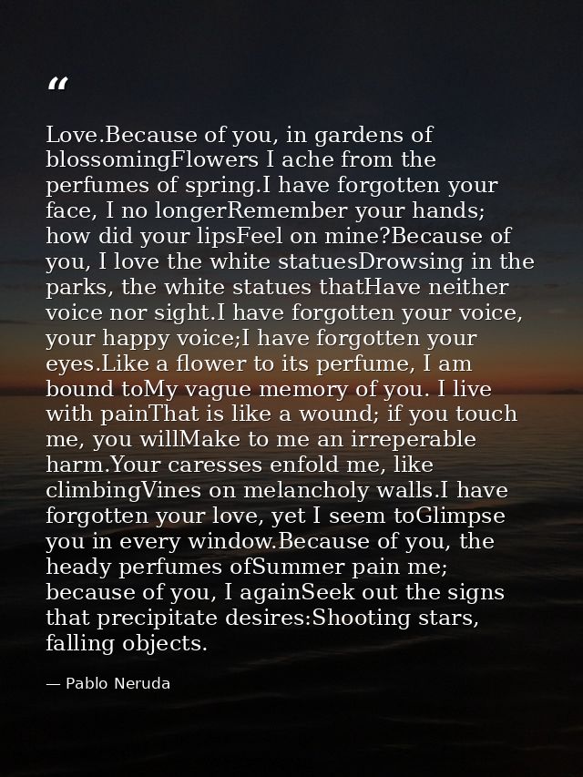 Love.Because of you, in gardens of blossomingFlowers I ache from the perfumes of spring.I have forgotten your face, I no — Pablo Neruda