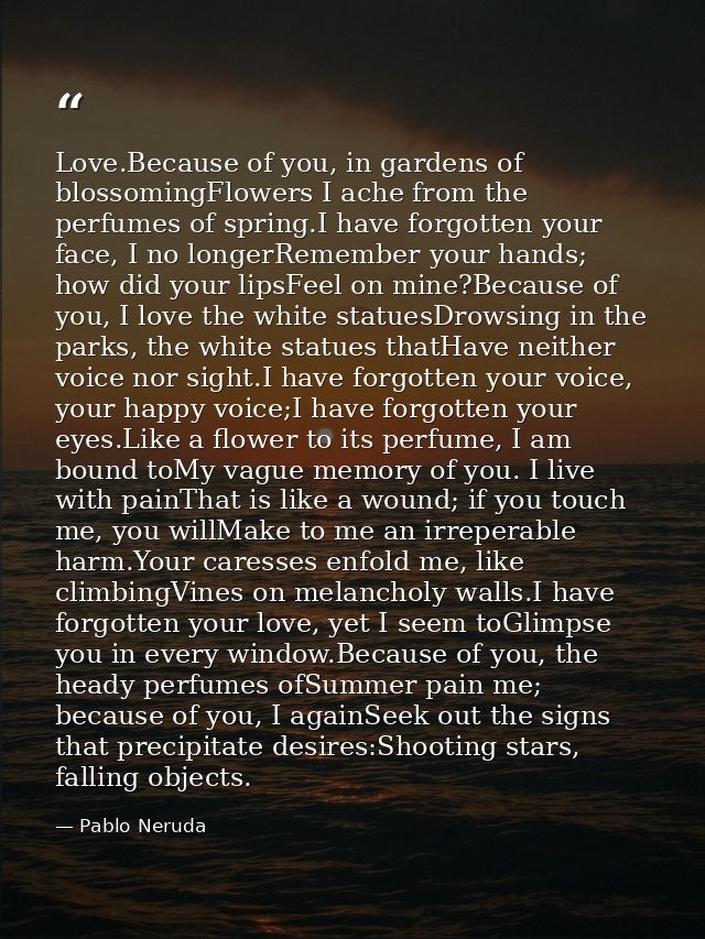 Love.Because of you, in gardens of blossomingFlowers I ache from the perfumes of spring.I have forgotten your face, I no — Pablo Neruda