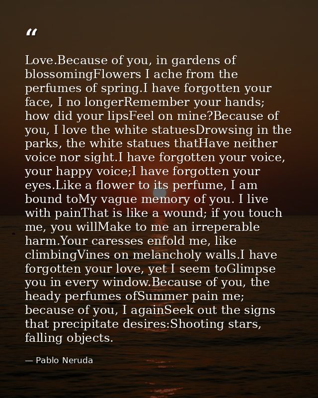 Love.Because of you, in gardens of blossomingFlowers I ache from the perfumes of spring.I have forgotten your face, I no — Pablo Neruda
