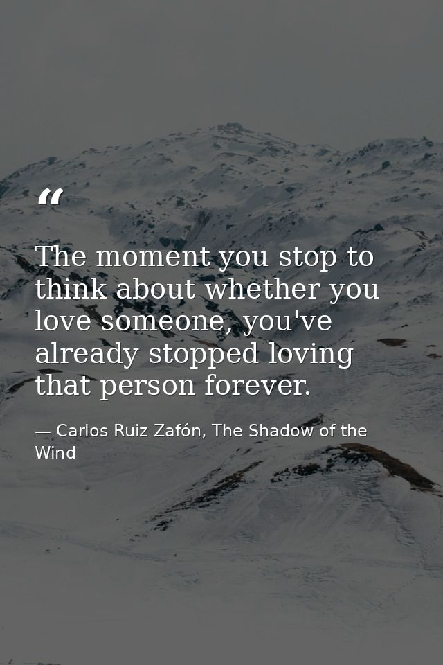 The moment you stop to think about whether you love someone, you've already stopped loving that person forever. — Carlos Ruiz Zafón, The Shadow of the Wind