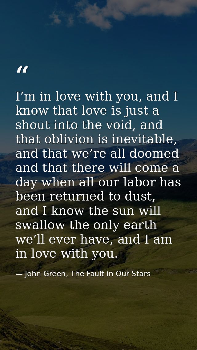 I’m in love with you, and I know that love is just a shout into the void, and that oblivion is inevitable, and that we’r — John Green, The Fault in Our Stars