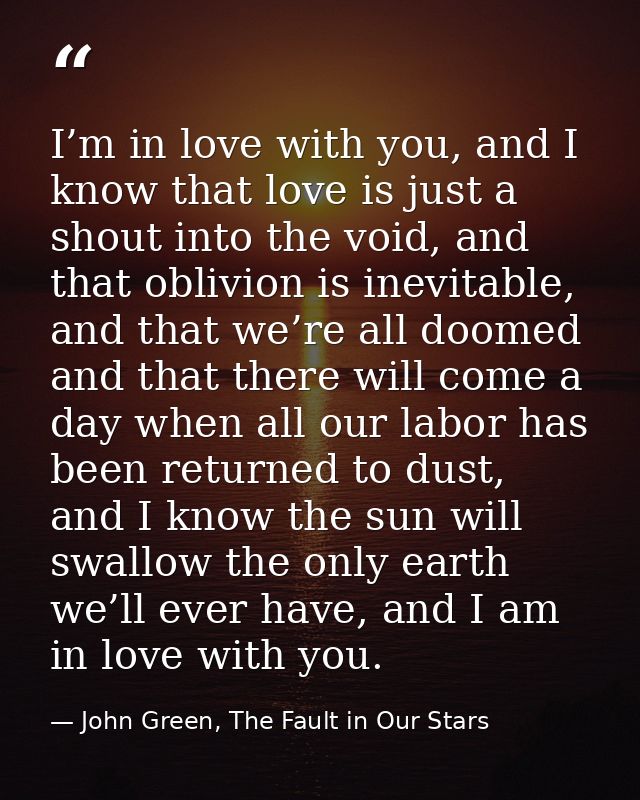 I’m in love with you, and I know that love is just a shout into the void, and that oblivion is inevitable, and that we’r — John Green, The Fault in Our Stars