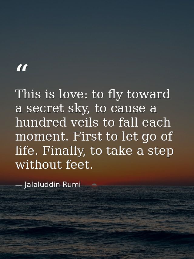 This is love: to fly toward a secret sky, to cause a hundred veils to fall each moment. First to let go of life. Finally — Jalaluddin Rumi