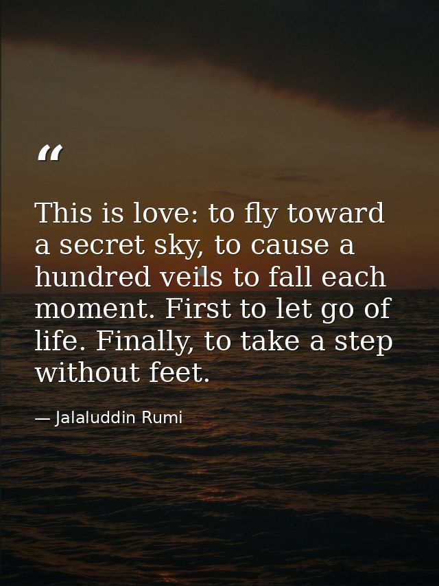 This is love: to fly toward a secret sky, to cause a hundred veils to fall each moment. First to let go of life. Finally — Jalaluddin Rumi