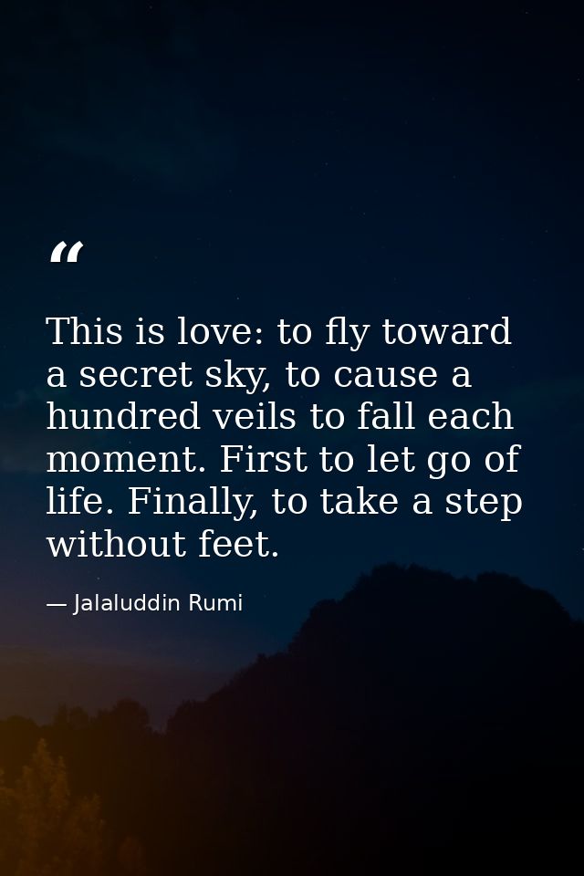 This is love: to fly toward a secret sky, to cause a hundred veils to fall each moment. First to let go of life. Finally — Jalaluddin Rumi