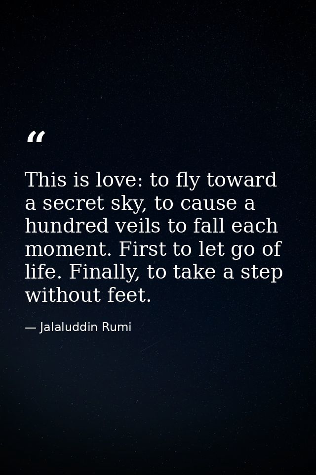 This is love: to fly toward a secret sky, to cause a hundred veils to fall each moment. First to let go of life. Finally — Jalaluddin Rumi