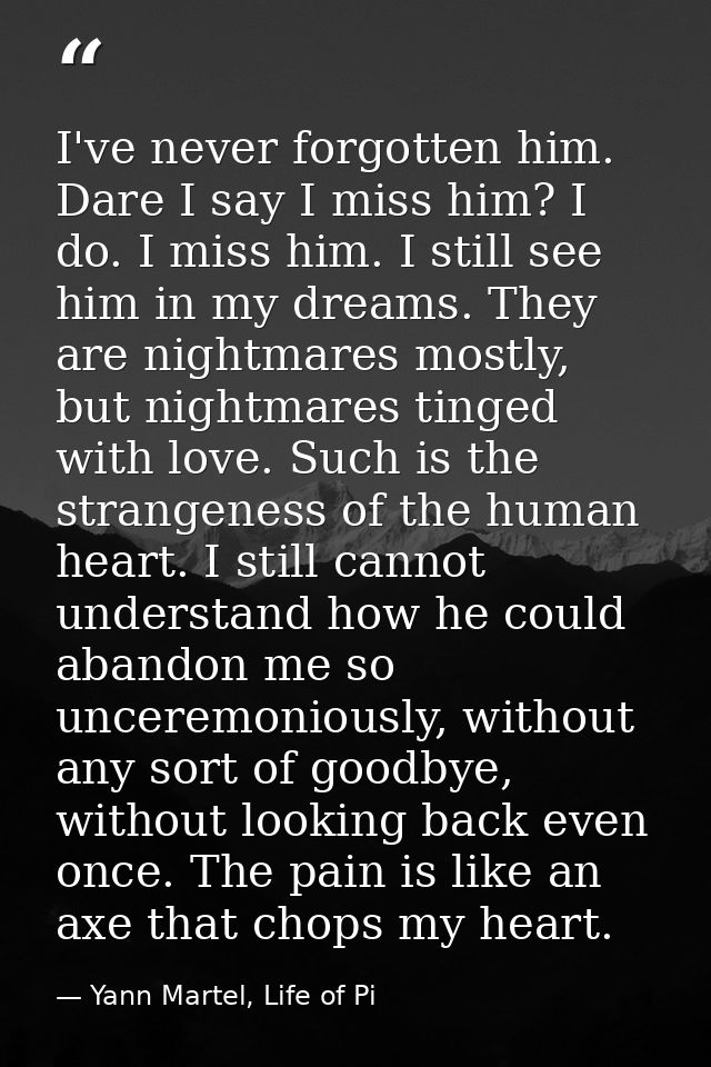 I've never forgotten him. Dare I say I miss him? I do. I miss him. I still see him in my dreams. They are nightmares mos — Yann Martel, Life of Pi