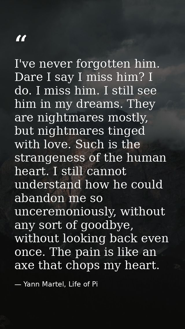 I've never forgotten him. Dare I say I miss him? I do. I miss him. I still see him in my dreams. They are nightmares mos — Yann Martel, Life of Pi