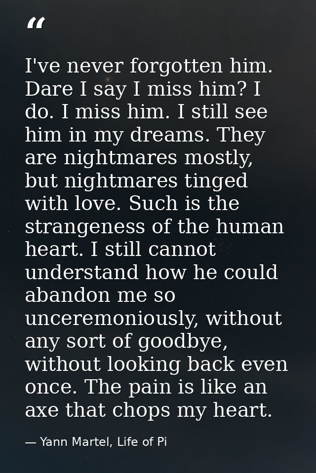 I've never forgotten him. Dare I say I miss him? I do. I miss him. I still see him in my dreams. They are nightmares mos — Yann Martel, Life of Pi