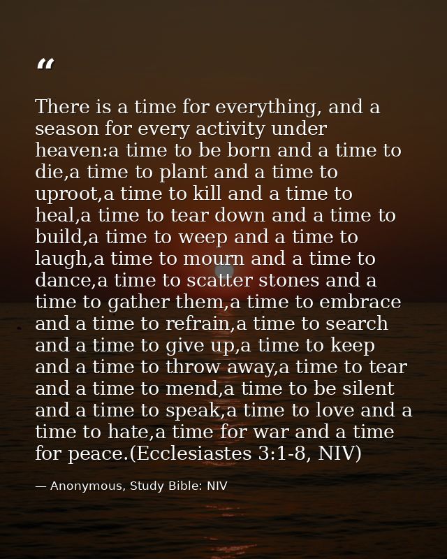 There is a time for everything, and a season for every activity under heaven:a time to be born and a time to die,a time  — Anonymous, Study Bible: NIV