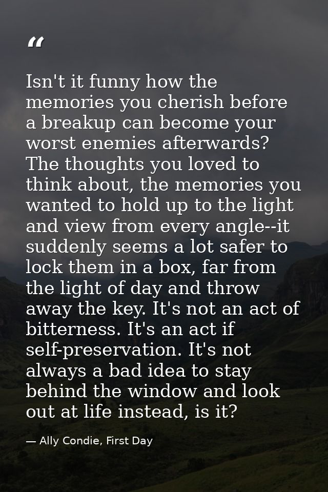 Isn't it funny how the memories you cherish before a breakup can become your worst enemies afterwards? The thoughts you  — Ally Condie, First Day