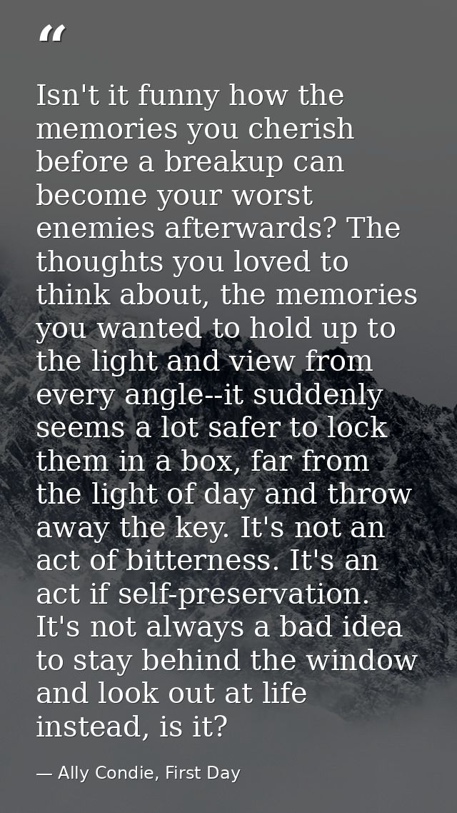 Isn't it funny how the memories you cherish before a breakup can become your worst enemies afterwards? The thoughts you  — Ally Condie, First Day
