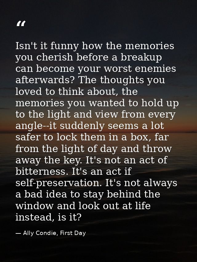 Isn't it funny how the memories you cherish before a breakup can become your worst enemies afterwards? The thoughts you  — Ally Condie, First Day