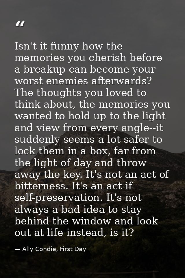 Isn't it funny how the memories you cherish before a breakup can become your worst enemies afterwards? The thoughts you  — Ally Condie, First Day