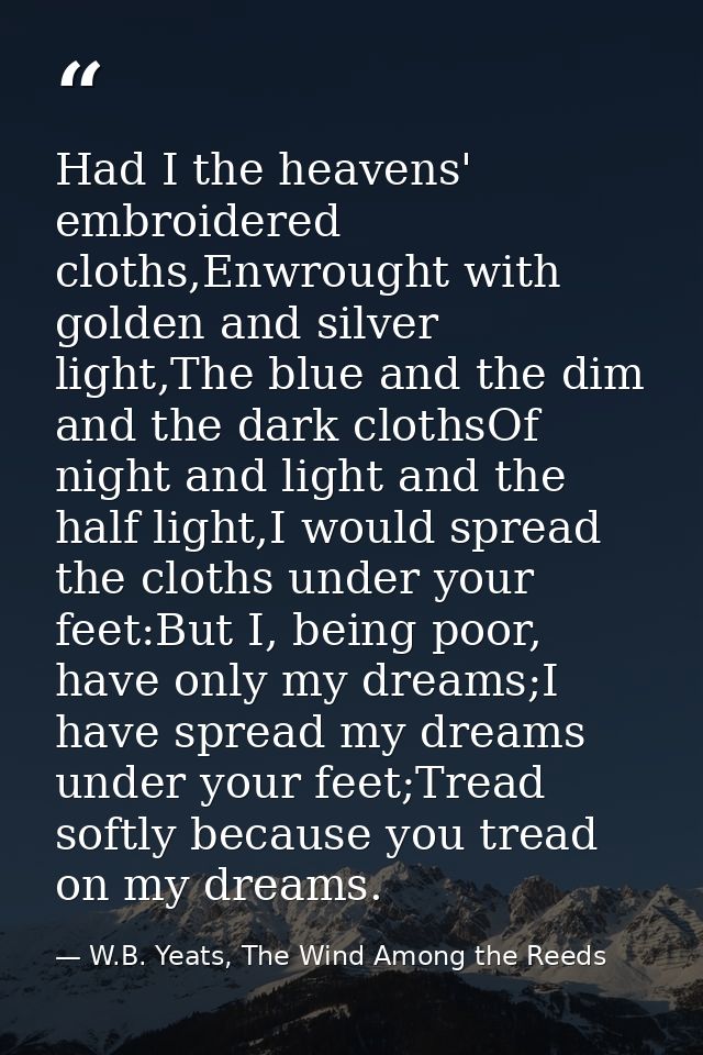 Had I the heavens' embroidered cloths,Enwrought with golden and silver light,The blue and the dim and the dark clothsOf  — W.B. Yeats, The Wind Among the Reeds