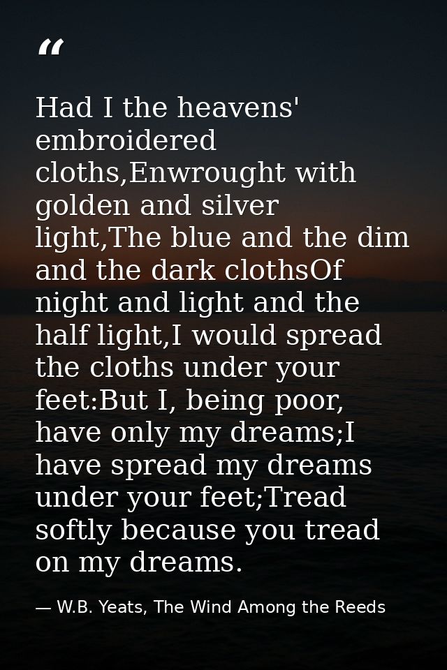 Had I the heavens' embroidered cloths,Enwrought with golden and silver light,The blue and the dim and the dark clothsOf  — W.B. Yeats, The Wind Among the Reeds