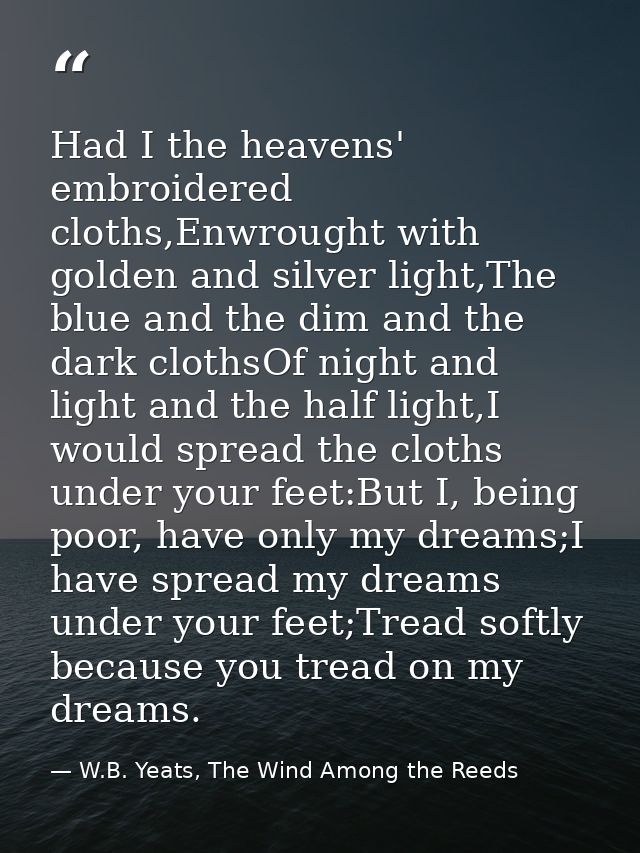 Had I the heavens' embroidered cloths,Enwrought with golden and silver light,The blue and the dim and the dark clothsOf  — W.B. Yeats, The Wind Among the Reeds