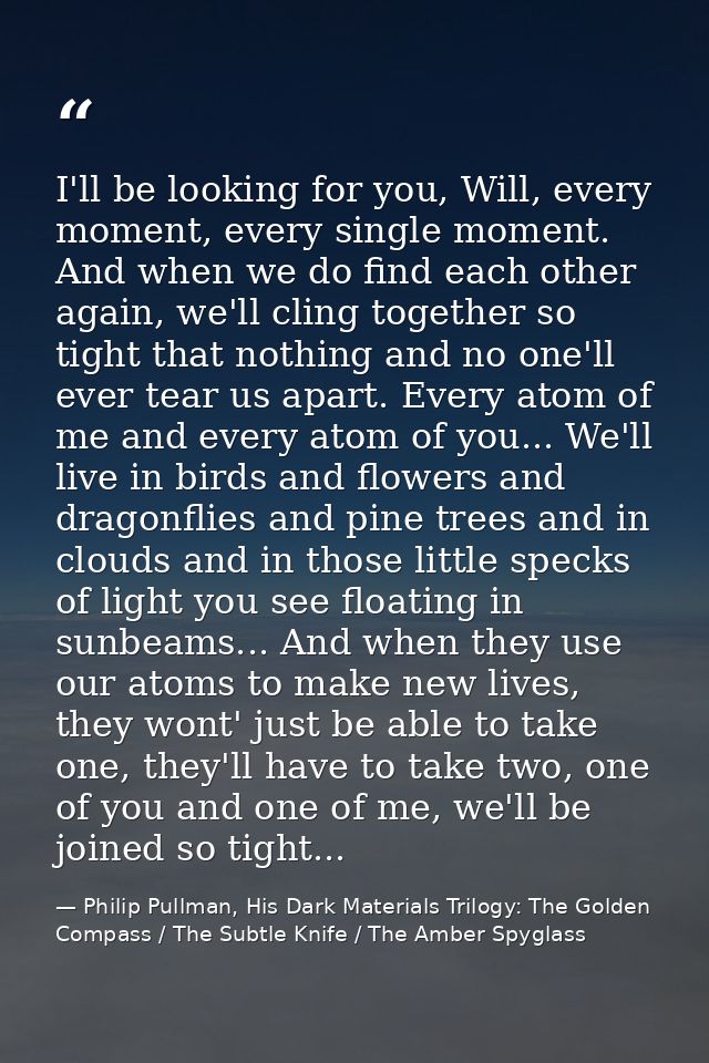 I'll be looking for you, Will, every moment, every single moment. And when we do find each other again, we'll cling toge — Philip Pullman, His Dark Materials Trilogy: The Golden Compass / The Subtle Knife / The Amber Spyglass