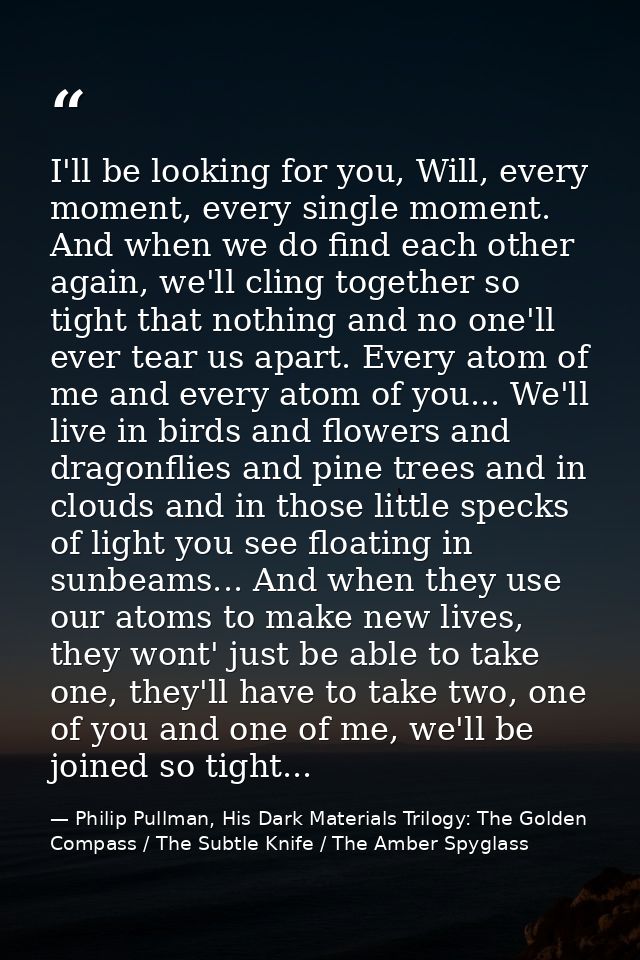 I'll be looking for you, Will, every moment, every single moment. And when we do find each other again, we'll cling toge — Philip Pullman, His Dark Materials Trilogy: The Golden Compass / The Subtle Knife / The Amber Spyglass
