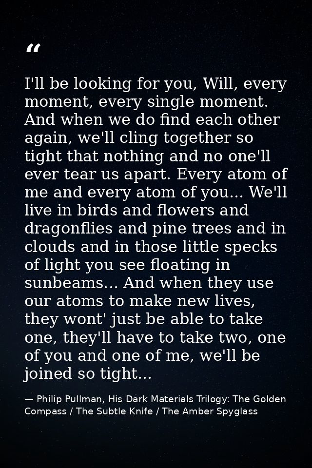 I'll be looking for you, Will, every moment, every single moment. And when we do find each other again, we'll cling toge — Philip Pullman, His Dark Materials Trilogy: The Golden Compass / The Subtle Knife / The Amber Spyglass